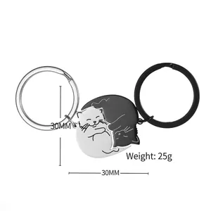 Magnetic black and white cartoon cat couple keychain set with 30mm metal pendants