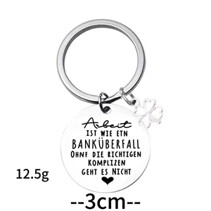 German engraved stainless steel keychain with four leaf clover pendant and 3cm round tag