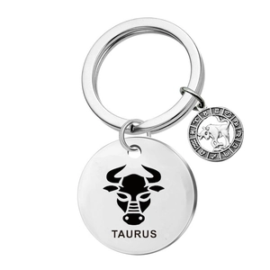 Porte-clés Taureau en acier argenté avec pendentif roue du zodiaque et médaille gravée