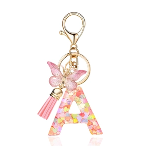 Resin Alphabet Keychain With Pink Sequin Butterfly Charm Tassel Gold Alloy Lobster Clasp Letter Key Ring For Women Bag