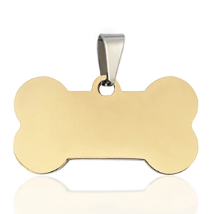 Detailed view of bone-shaped golden stainless steel pet ID tag with a silver clasp