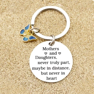 Stainless steel butterfly keychain for mother and daughter with engraved round charm
