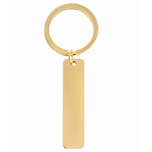 Polished gold rectangular metal tag with standard ring keychain detail on white backdrop