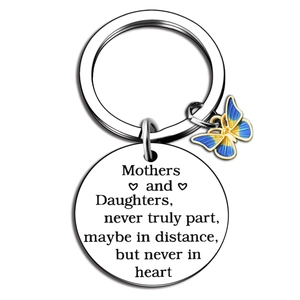 Mothers And Daughters Never Truly Part Engraved Stainless Steel Keychain With Blue Yellow Butterfly Charm Sentimental Gift
