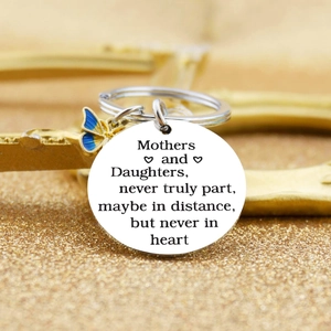 Stainless steel mother and daughter keychain with blue butterfly and emotional quote