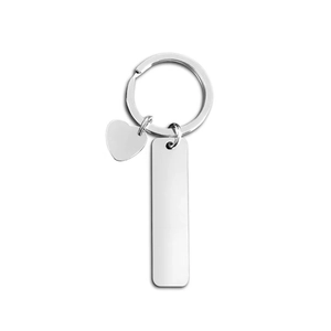 Polished stainless steel rectangular and heart-shaped keychain tags on white background