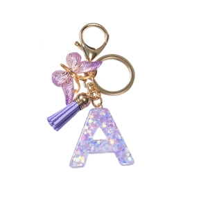 Purple Resin Alphabet Initial Letter Keychain With Sequin Glitter Butterfly Charm Leather Tassel Women Handbag Pendant