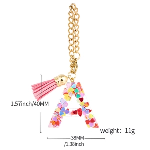 Resin letter A keychain with colorful heart sequins, pink tassel and dimensions