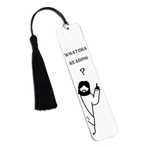 Funny stainless steel bookmark with black tassel and engraved Whatcha Reading cartoon