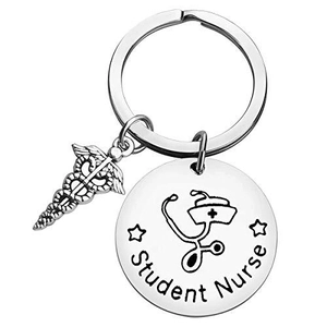 Student Nurse Schlüsselanhänger aus Edelstahl mit Caduceus-Anhänger und runder Gravurplatte