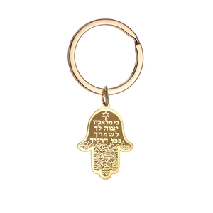 Detailed engraving of golden Hamsa hand pendant with Jerusalem skyline and star