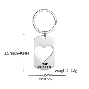 Custom stainless steel dog tag keychain with heart cutout and Her Weirdo engraving
