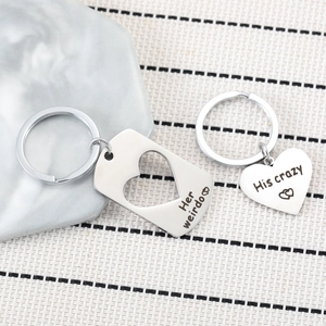 Polished stainless steel couple keychains with Her Weirdo and His Crazy heart cutouts