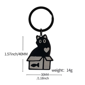 Cute black cat in cardboard box stainless steel keychain charm for backpacks and gifts