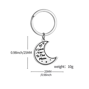 Stainless steel moon keychain engraved with 'I Love You To The Moon' showing dimensions