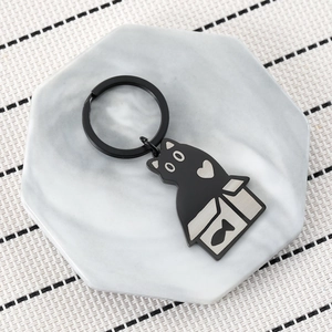 Cute black cat in silver box stainless steel keychain for backpacks and pet lovers