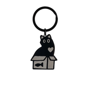 Cute black cat in cardboard box stainless steel keychain for pet lovers' backpacks