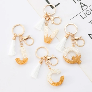 Initial Alphabet Letter Keychain With White Tassel Gold Foil Resin Pendant Keyring For Bag Decor Women Fashion Accessory
