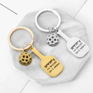 Polished stainless steel pickleball racket keychain set in gold and silver finish