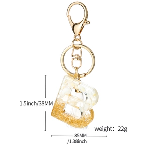 White tassel resin letter B keychain with gold foil and crystal stones, 38mm height