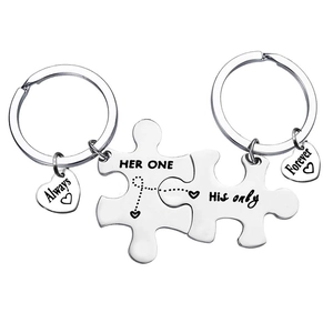 Couples stainless steel puzzle keychain set with Always Forever and His Only engravings