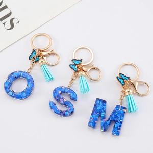 Blue Resin Alphabet Letter Keychain With Heart Sequins Butterfly Pendant And Tassel For Women Backpack Handbag Decoration