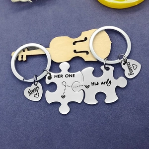 Polished stainless steel puzzle piece keychains with Always Forever heart charms