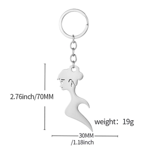 Engraved stainless steel bottle opener keychain with elegant female silhouette pendant