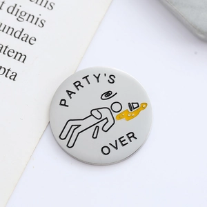Metal Party's Over enamel pin with silver finish and stickman design on white background