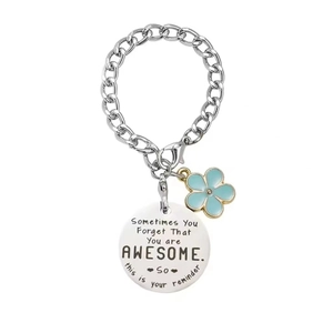 Silver stainless steel chain with blue enamel flower and engraved inspirational round charm