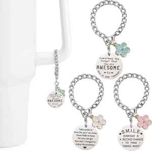 Stainless Steel Cup Handle Charm Flower Enamel Inspirational Lettering Metal Chain Bag Hanging Decoration Women Accessories