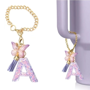 Purple Glitter Resin Initial Letter Keychain With Gold Butterfly Charm And Tassel Decorative Bag Pendant For Women Backpack Gift