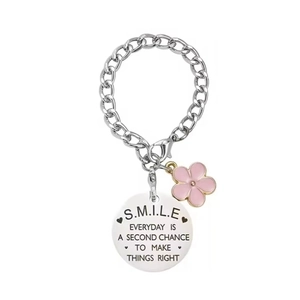Silver flower chain for Stanley cup with engraved metal tag and pink enamel charm