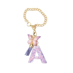Purple resin letter A keychain with butterfly charm and golden chain for Stanley cups