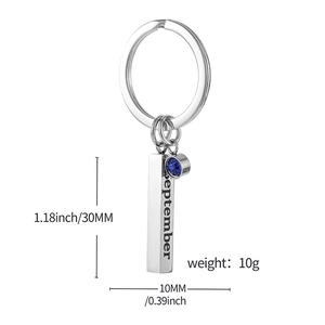 Polished stainless steel September birthstone keychain with blue crystal and engraved pendant