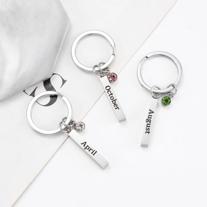 Custom stainless steel keychain with engraved month bar and colorful birthstone pendant