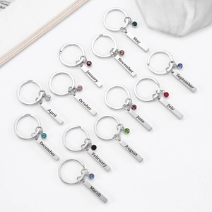 Stainless Steel Birthstone Keychain Engraved Month Keyring Artificial Gemstone Pendant Bag Hanging Ornament Birthday Gift
