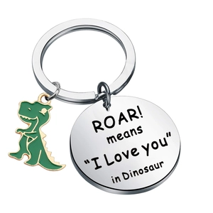 Porte-clés dinosaure en acier inoxydable avec breloque en émail vert et gravure