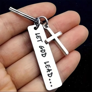 Polished stainless steel religious keychain with Let God Lead plate and small cross pendant
