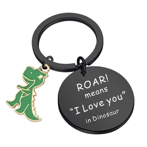 Porte-clés de couple en acier inoxydable avec dinosaure vert et message gravé