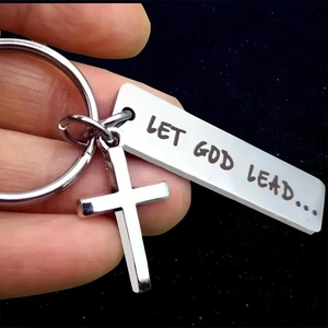 Engraved stainless steel cross keychain with Let God Lead script for backpack accessory