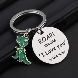 Porte-clés dinosaure en acier inoxydable avec charm vert et gravure Roar Means I Love You