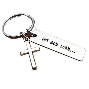 Polished stainless steel cross keychain with engraved 'LET GOD LEAD' rectangle tag