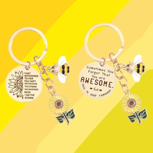 Golden sunflower bee keychains with inspirational engraved round charms for women gifts