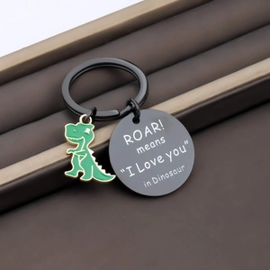 Porte-clés dinosaure pour couple avec pendentif émail vert et plaque gravée en acier inox