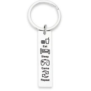 Stainless Steel Eat Sleep Game Repeat Keychain Silver Metal Rectangle Gamer Life Tag Key Ring For Boyfriend Kids Birthday Gift