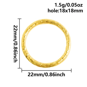 Detail view of 22mm hammered 18k gold plated stainless steel ring with size measurements