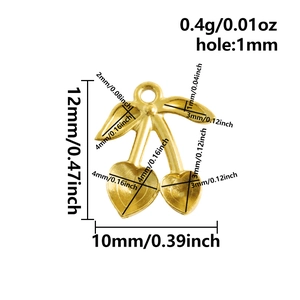 Macro view of cherry pendant size dimensions 12mm x 10mm with 1mm hole in golden stainless steel
