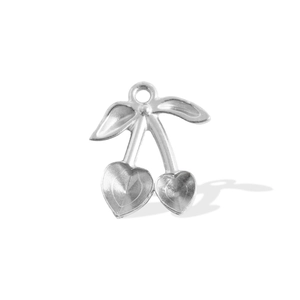 Detailed macro view of heart-shaped cherry pendant in polished silver stainless steel