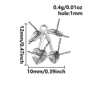 Detailed size measurement of a 304 stainless steel cherry pendant with heart-shaped fruit